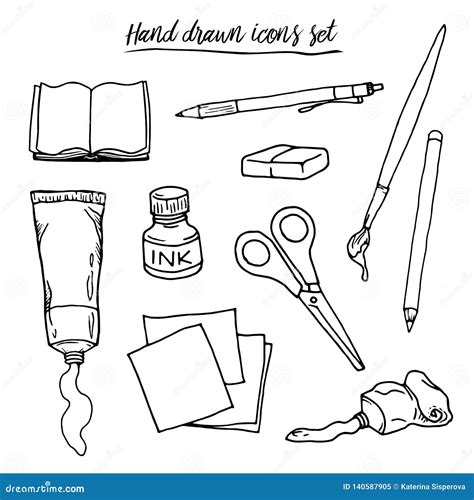 Hand Drawn Doodle Art And Craft Tools Icons Set Vector Illustration Art