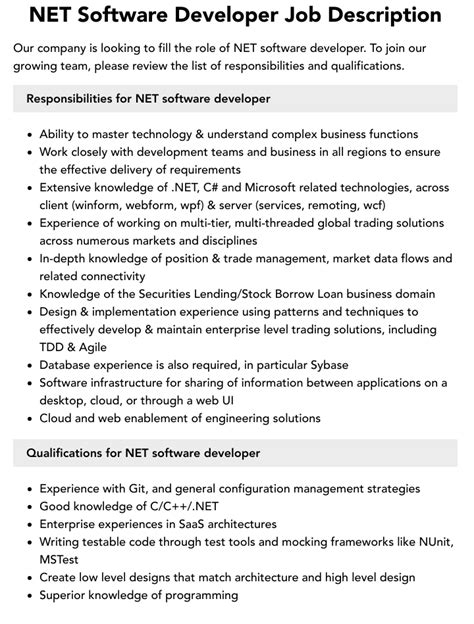 Net Software Developer Job Description Velvet Jobs