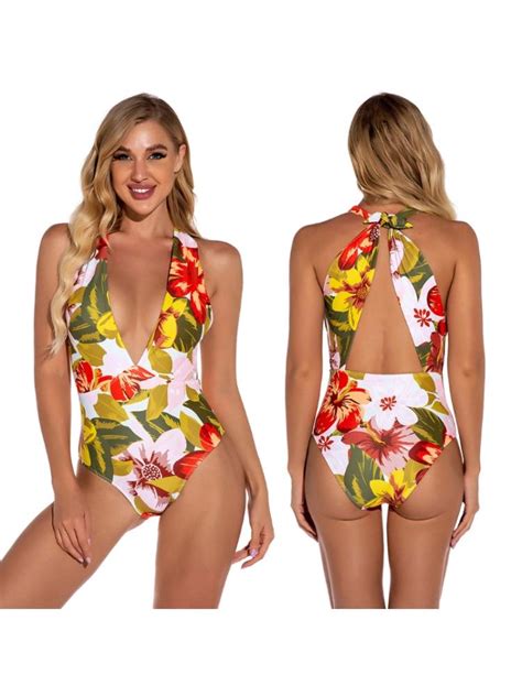 Vrouwen Bloem Printingone Stuk Badpak Bikini Neck Grandado