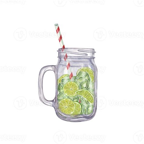 Mojito Cocktail Instructions Mason Jar With Lime Ice Cubes Mint And Straw Watercolor