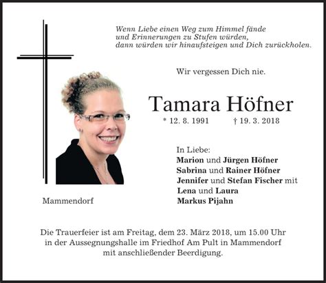 Traueranzeigen von Tamara Höfner trauer merkur de