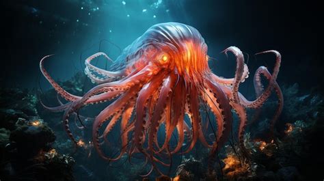 Premium Photo | Octopus with glowing eyes in the ocean with corals and ...