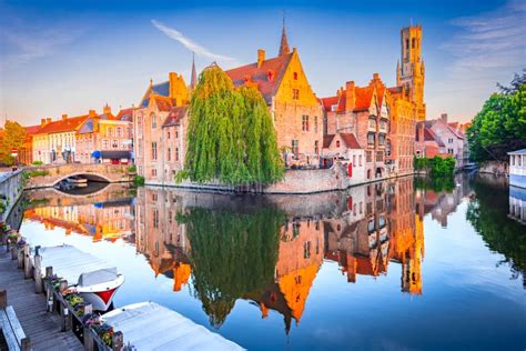 Bruges Belgium Rozenhoedkaai Canal In Downtown Of Brugge Sunrise