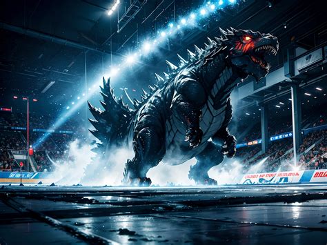 Godzilla Is Running Through The Arena With A Crowd Watching Seaart Ai