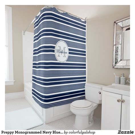 Preppy Monogrammed Navy Blue And White Striped Shower Curtain Zazzle