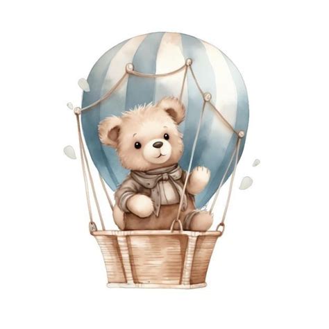 A Brown Teddy Bear Sitting In A Hot Air Balloon With A Blue And White