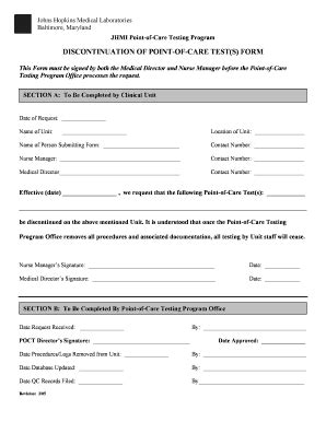 Fillable Online Pathology Jhu Discontinuation Of Poct Form Johns