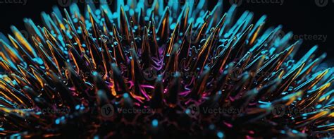 Close-up view of ferrofluid spikes illuminated by neon light