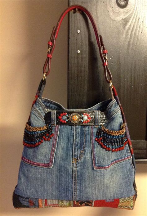 A Handmade Upcycled Ooak Bohemian Denim And Print Purse Blue Jean Purses Denim Handbags