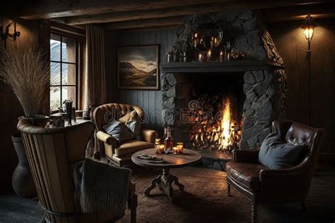 Cozy Fireplace In The Chalet Lodge Surrounded By Cozy Armchairs