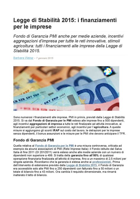 Legge di stabilità 2015 novità su finanziamenti alle imprese e pmi by