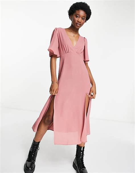 Asos Design Angel Sleeve Midi Dress In Mink Asos