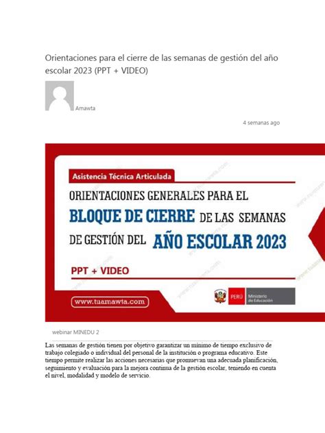 Orientaciones Para El Cierre De Las Semanas De Gestión Del Año Escolar 2023 Ppt Video Pdf