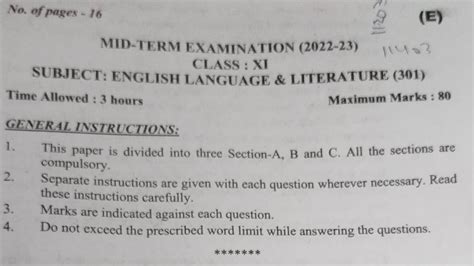 Cbse Class 11th English Question Paper Ll 17 10 2022 Mid Term Exam