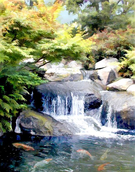 Garden Waterfall with Koi Pond Painting by Elaine Plesser - Pixels