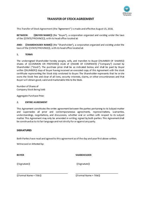 Transfer Of Stock Agreement Short Form Premium Schablone