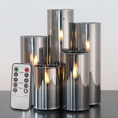 Eywamage Silver Grey Glass Flameless Flickering Candles With Remote 3