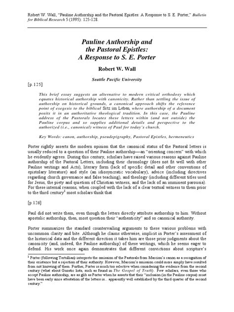 Pauline Authorship and The Pastoral Epistles - A Response To S. E. Porter, Robert Wall | PDF ...