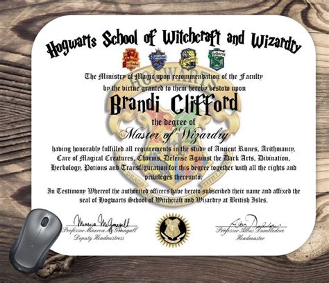 Personalized Harry Potter Diploma Mouse Pad Hogwarts School Of