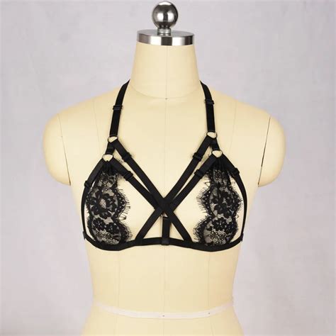 Harajuku Black Lace Bra Cage Bralette Floral Mesh Lingerie Underwear Pretty Sexy Wireless Soft