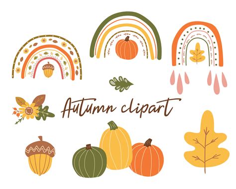 Autumn vector clipart. Autumn rainbow, cute fall pumpkin, leaves, fall flower, acorn. Autumn ...