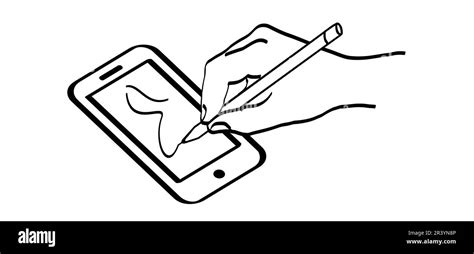 drawing on a smart phone. Cartoon drawing hand holding a stylus drawing ...