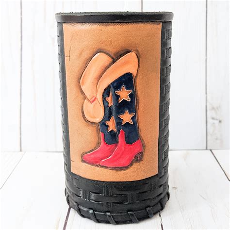 Leder Patriotic Cowboy Boot Langhals Flasche Coozie Hand Punziertes