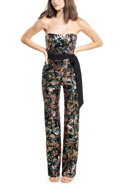 Dress The Population Andy Strapless Sequin Jumpsuit In Teal Multi Modesens