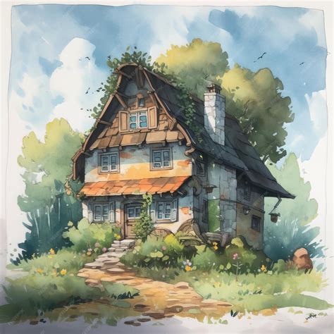 Premium Photo | A drawing of a house in a forest with a blue roof and a brown roof.