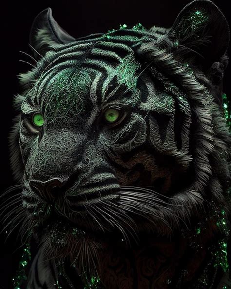 Premium Photo | A tiger with green eyes on a black background