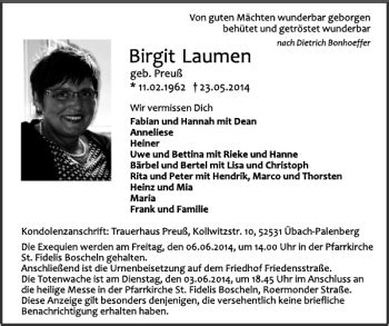 Traueranzeigen Von Birgit Laumen Aachen Gedenkt