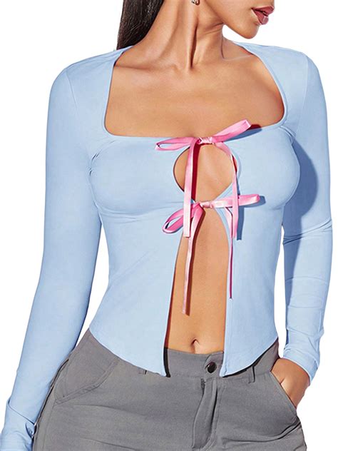 Kishawna Women S Long Sleeve Low Cut Front Bow Tie Up Open Front T