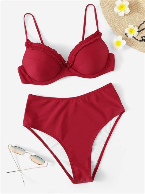 Shein Frill Trim Top With High Waist Bikini Bikini Swimwear Bikini Set