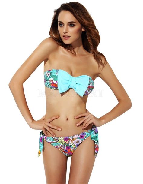 Cute Bow Tie Color Block Bikini Set Swimsuit With Removable Pads