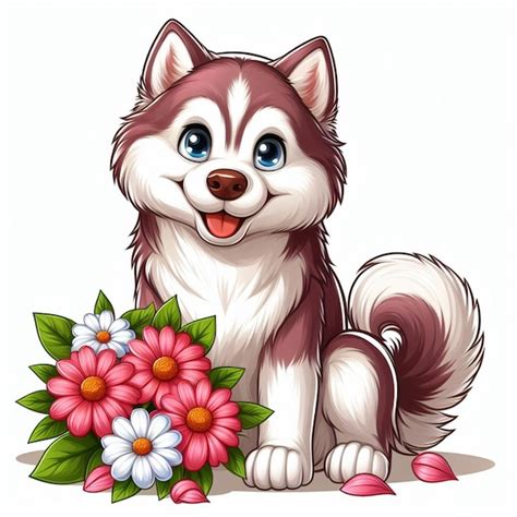 Premium Vector Cute Siberian Husky Dog And Flowers Vector Cartoon