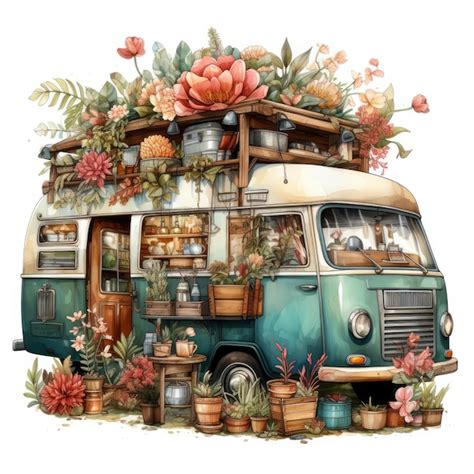 Watercolor Flower Market On Camper Van Clipart Generative Ai Premium