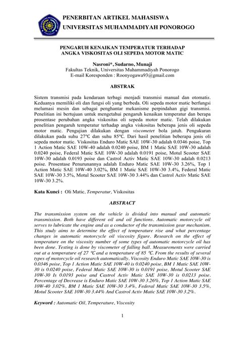 Pdf Pengaruh Kenaikan Temperatur Terhadap Angka Viskositas Oli Sepeda