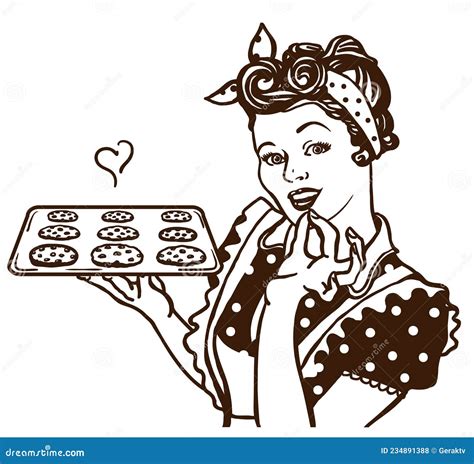 Retro Smiling Housewife Cooking Chocolate Chip Cookies In Hands Pin Up