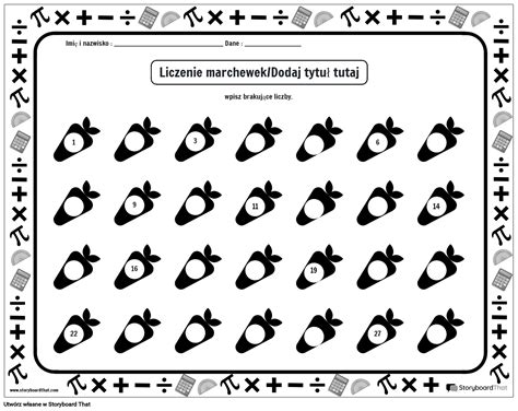 Arkusz brakujących liczb z marchewkami czarno biały