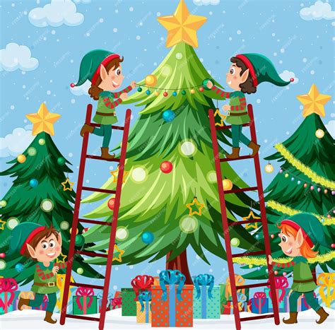 Niños Disfrazados De Elfos Decorando El árbol De Navidad Vector Premium