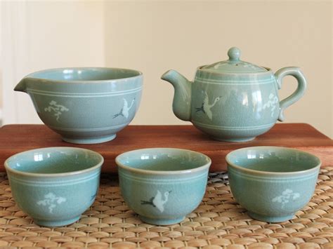 Handmade Korean Celadon Tea Set For With Gift Box Clouds And Cranes