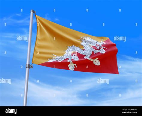 Beautiful Bhutan Flag Waving In The Wind With Sky Background 3d