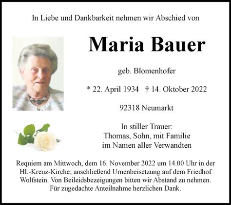 Traueranzeigen Von Maria Bauer Mittelbayerische Trauer