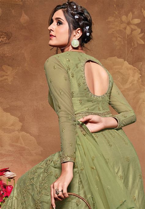 Light Green Net Embroidered Long Anarkali Suit 5106