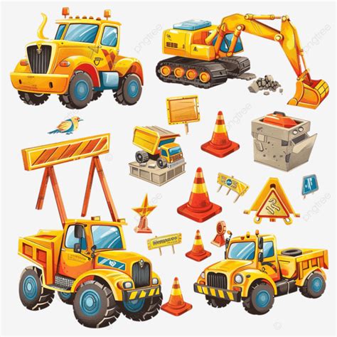 Construction Vehicles With Construction Signs Cartoon Excavation