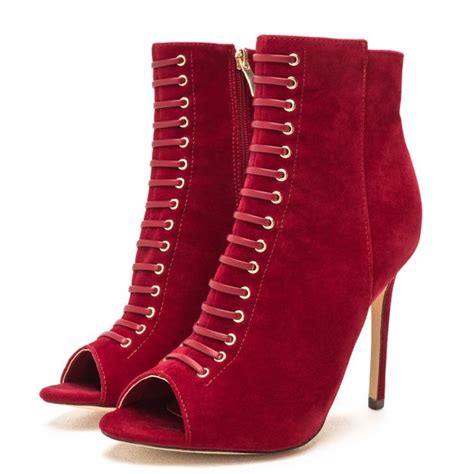 Red Lace Up Peep Toe Stiletto Heels Ankle Boots With Zipperfsjshoes