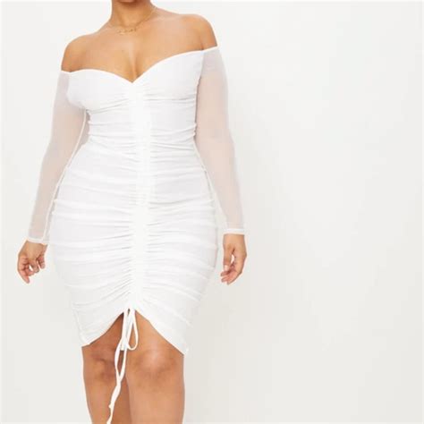 Prettylittlething Dresses Plus White Mesh Ruched Bardot Midi Dress