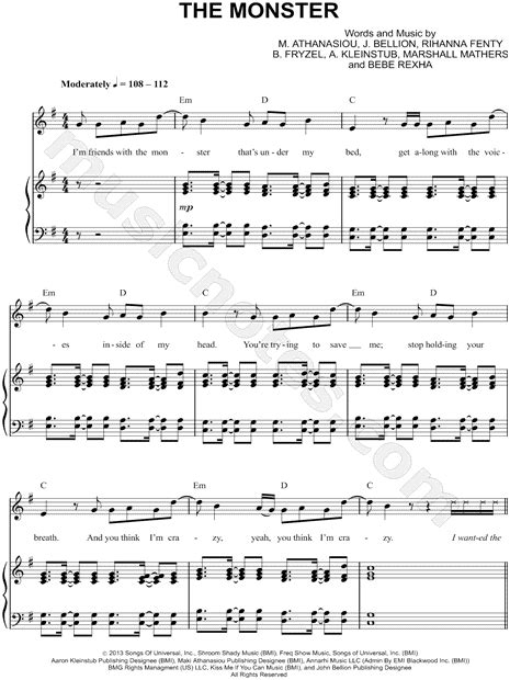 Eminem Feat Rihanna The Monster Sheet Music In E Minor Transposable Download And Print