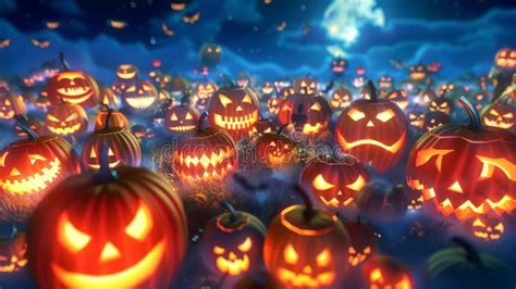 Enchanted Halloween Night With Glowing Pumpkin Patch Under Starry Sky