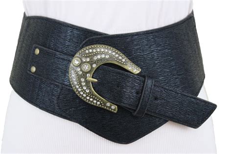 Women Wide Western Fashion Black Faux Leather Belt Bling Rodeo Plus